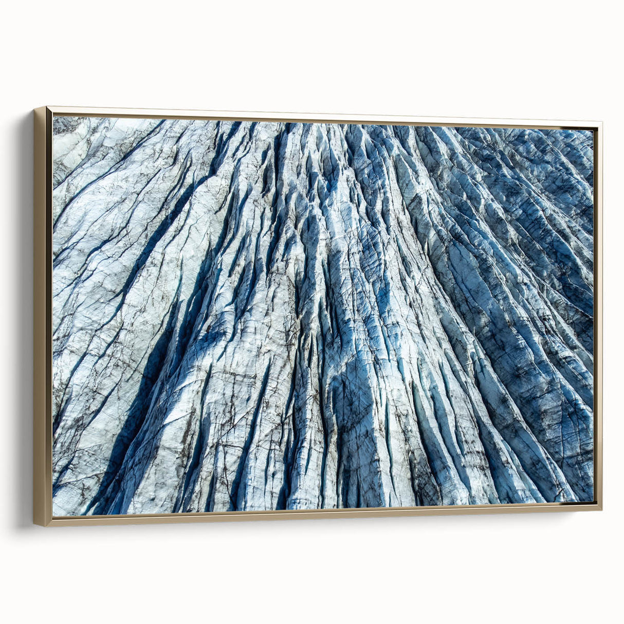 Framed canvas featuring a close-up of frost patterns in muted gray and white tones.