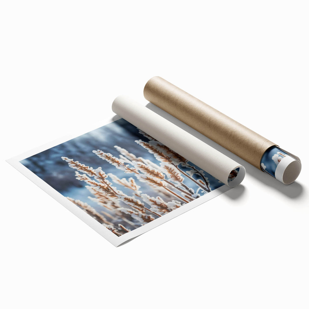 Close-up of frost patterns on ice in muted blue and white tones, rolled print, suitable for classy bathroom wall art.