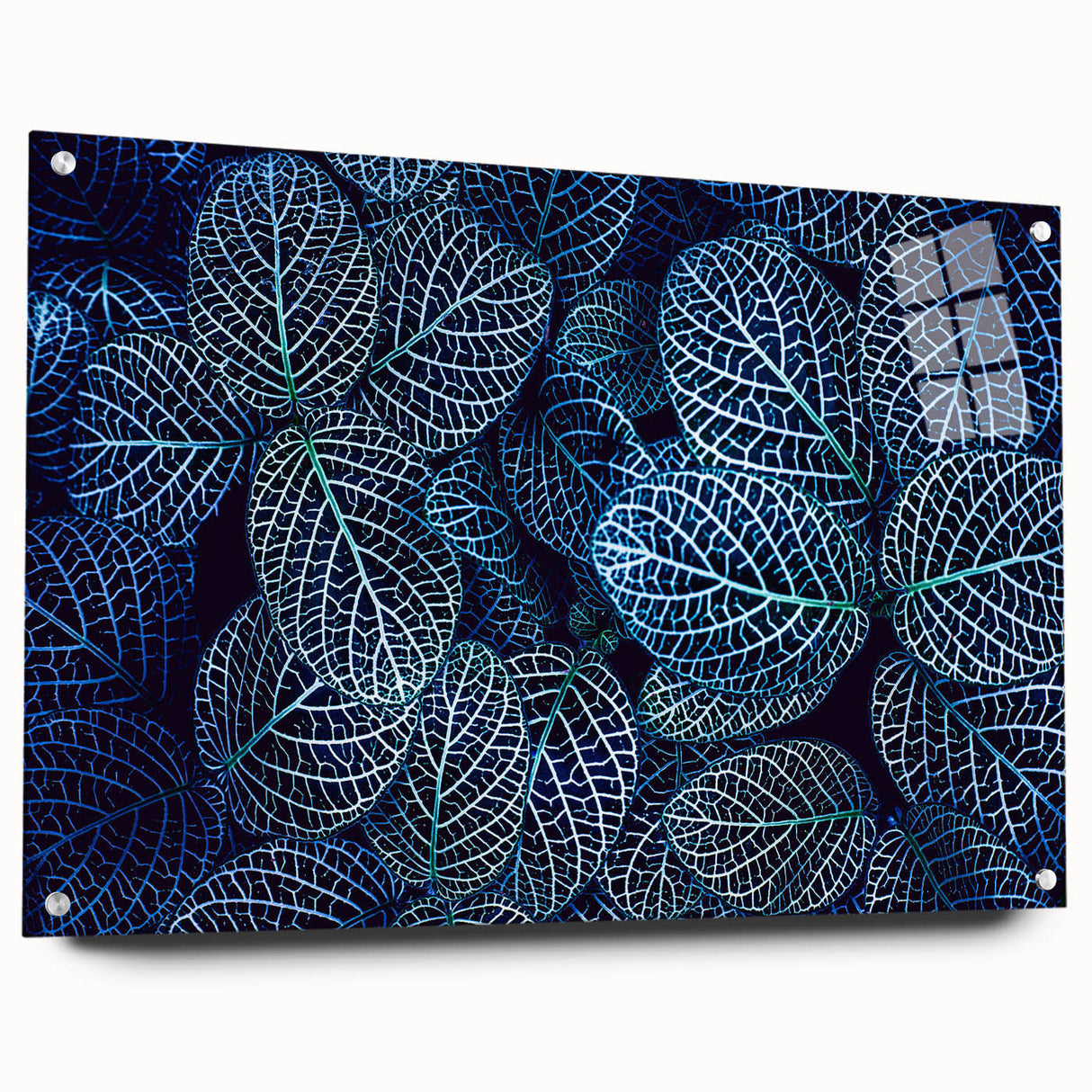 Close-up of leaves in green and yellow tones on acrylic glass, ideal for bedroom or dining room decor.