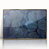 Close-up of leaves in gold frame, acrylic print, mid-century modernist style, suitable for modern nursery decor.