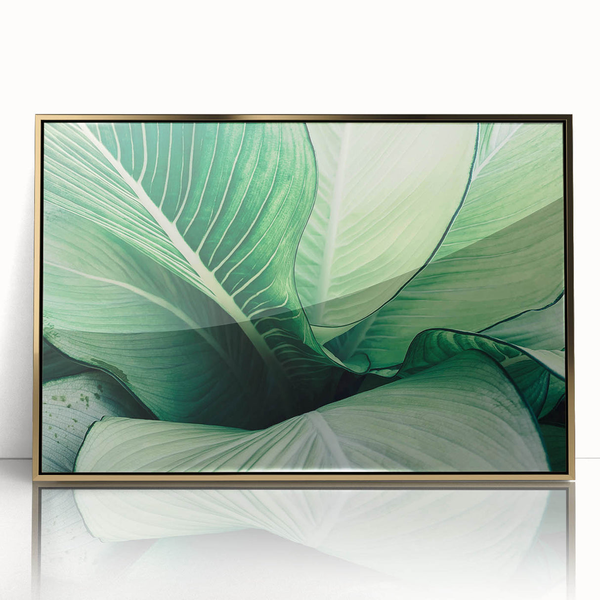 Close-up of leaves in gold frame, muted green tones on acrylic, mid-century modernist style, suited for nursery wall art.