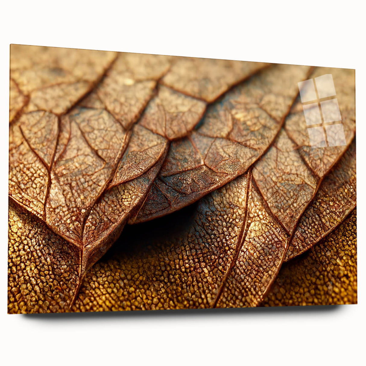 Close-up image of leaves in green and yellow on acrylic glass.