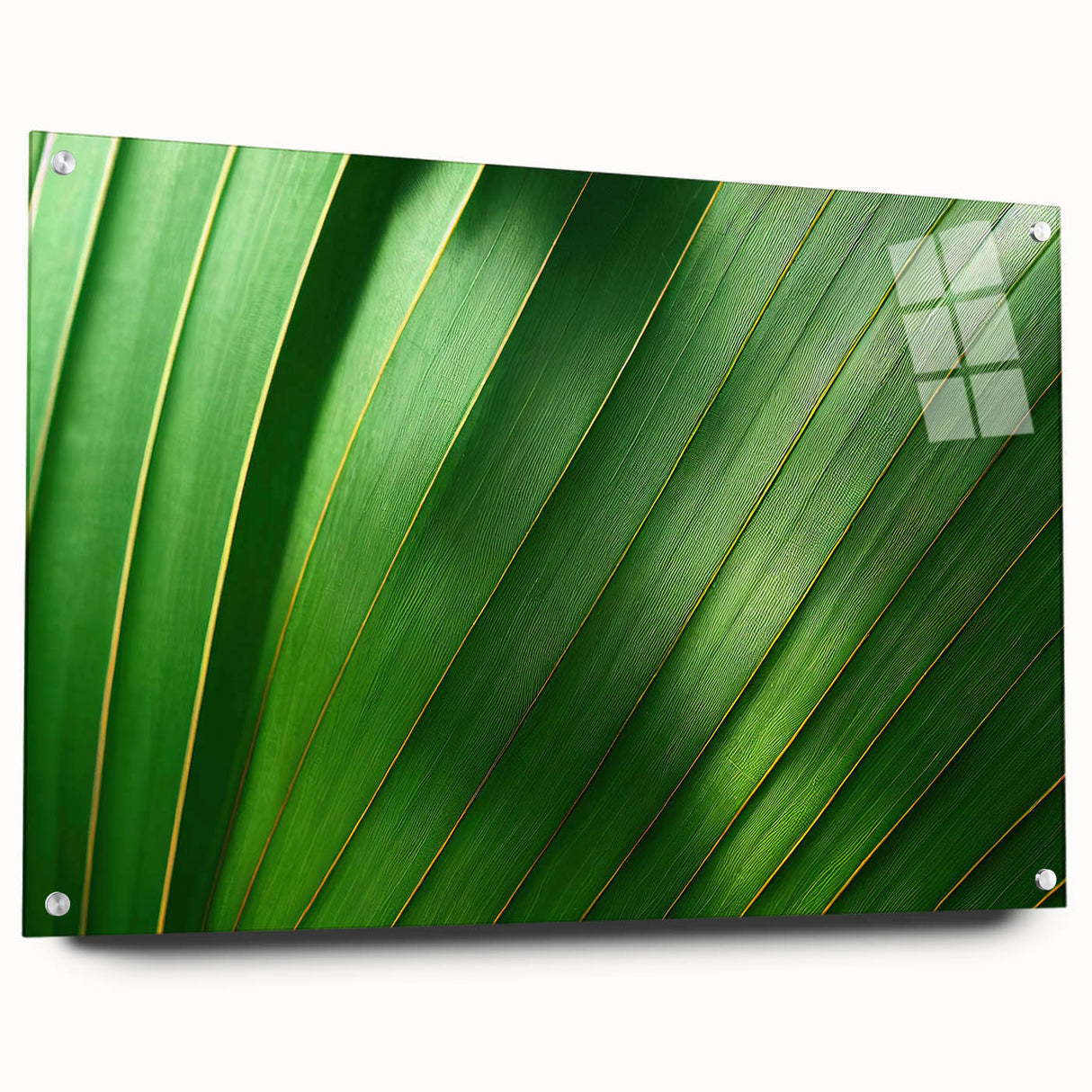 Close-up of green leaves in a large abstract wall art on acrylic glass, suitable for bedroom or dining room decor.
