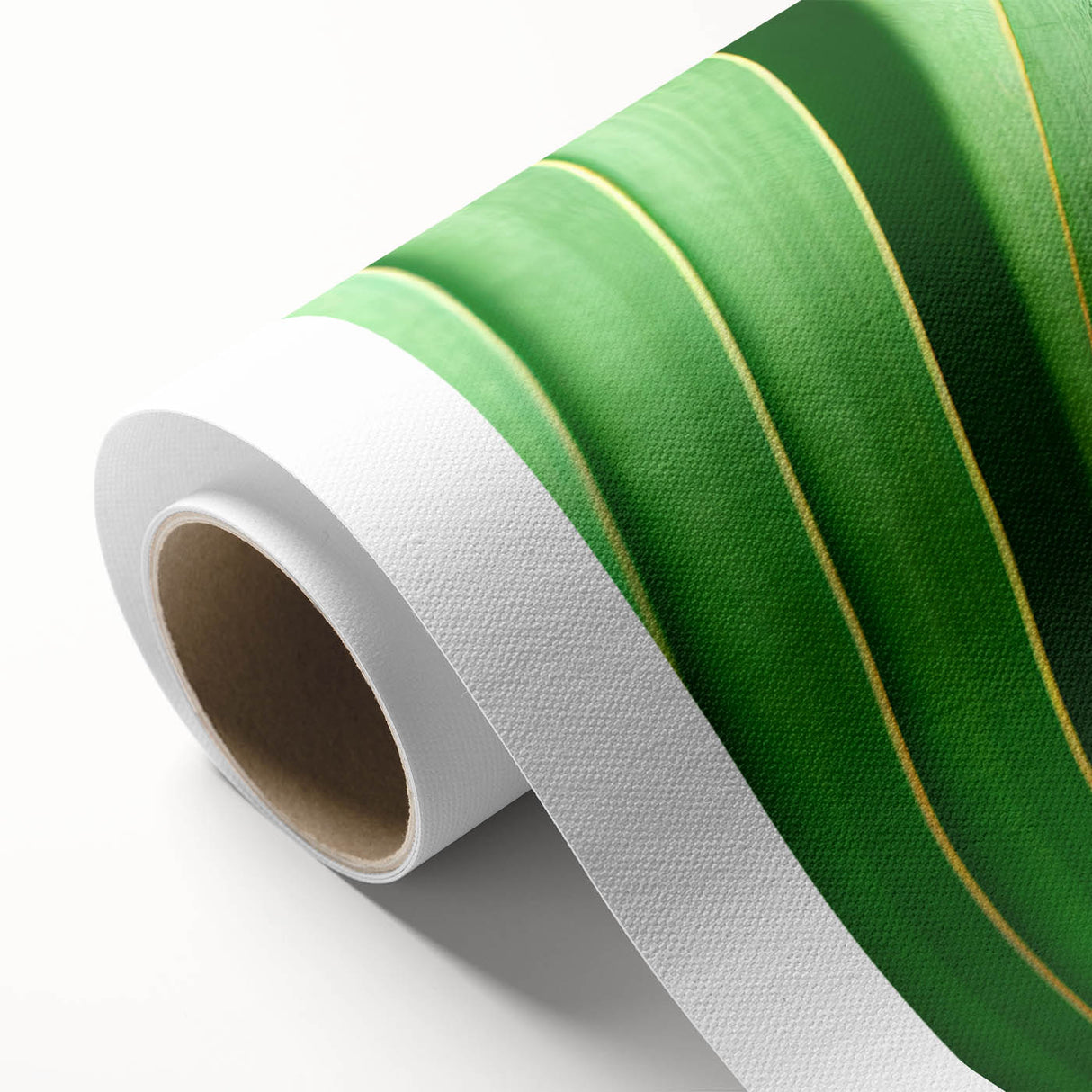 Art deco poster of close-up leaves in green and yellow tones on rolled canvas, suitable for nursery wall art.