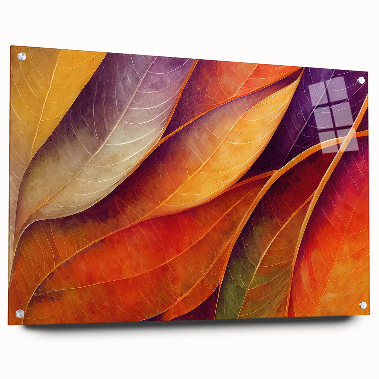 Close-up of green leaves design on acrylic glass, ideal for dining room or bedroom wall decor.