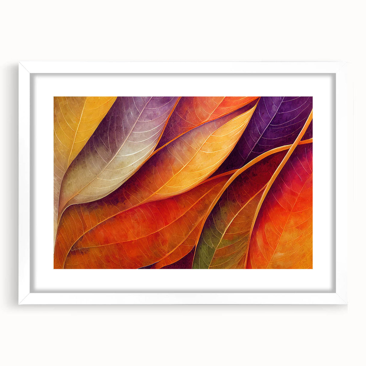 Abstract art print featuring close-up leaves in muted green and brown tones on a white-framed canvas.