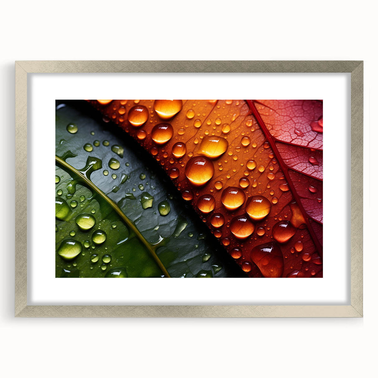 Close-up of textured art featuring abstract leaf design in green tones, framed in silver, ideal for bedroom art.