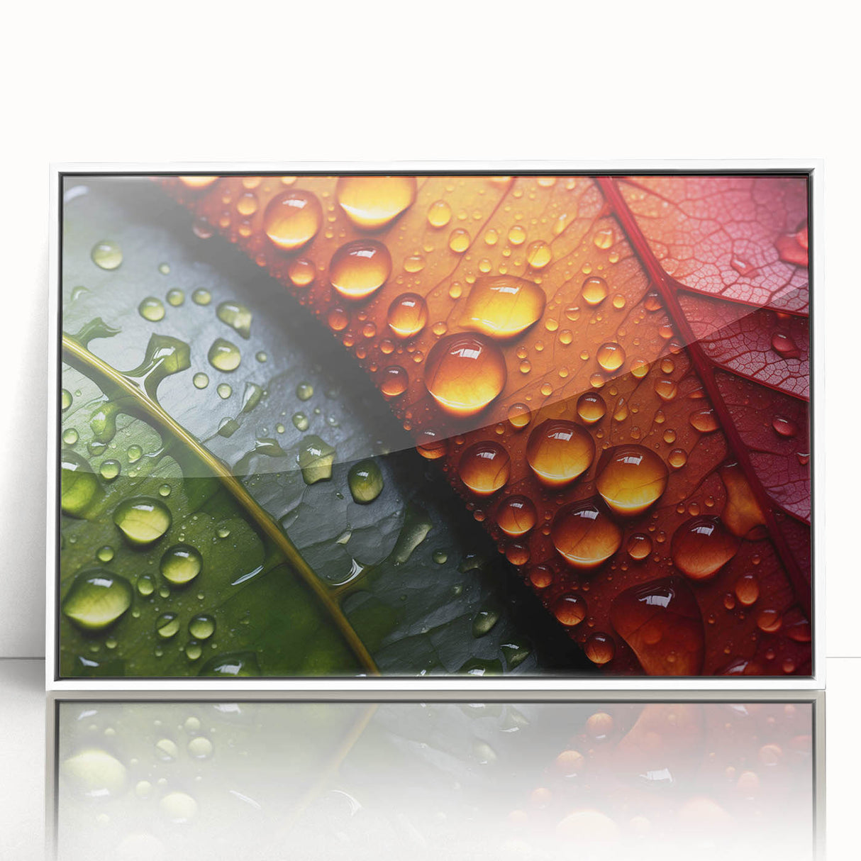 Close-up of leaves in a framed acrylic print with muted green and white tones, ideal for modern nursery wall decor.