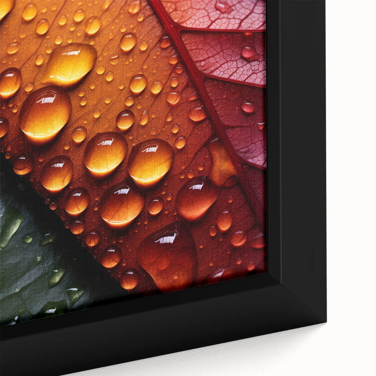Close-up of textured leaves on black framed canvas, featuring vibrant green and yellow tones, ideal for living room decor.