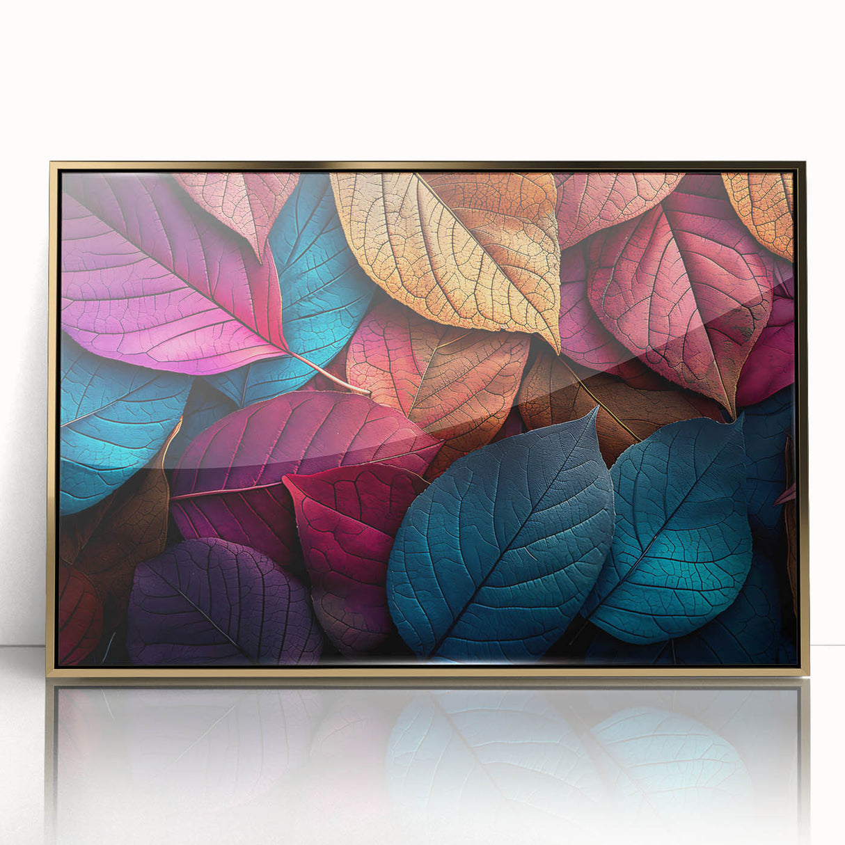 Close-up of leaves in gold frame, acrylic print, featuring mid-century modernist style, suitable for nursery wall art.