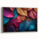 Framed canvas featuring a close-up of leaves in a landscape art painting with a silver frame.