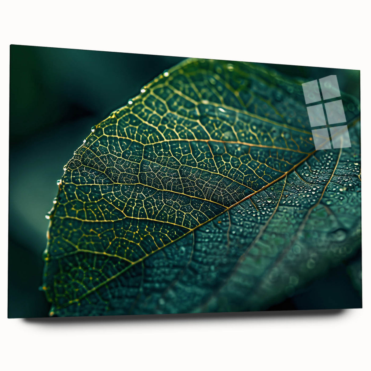 Large abstract acrylic print of close-up leaves in green and brown tones, suitable for bedroom or dining room decor.