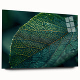 Large abstract acrylic print of close-up leaves in green and brown tones, suitable for bedroom or dining room decor.