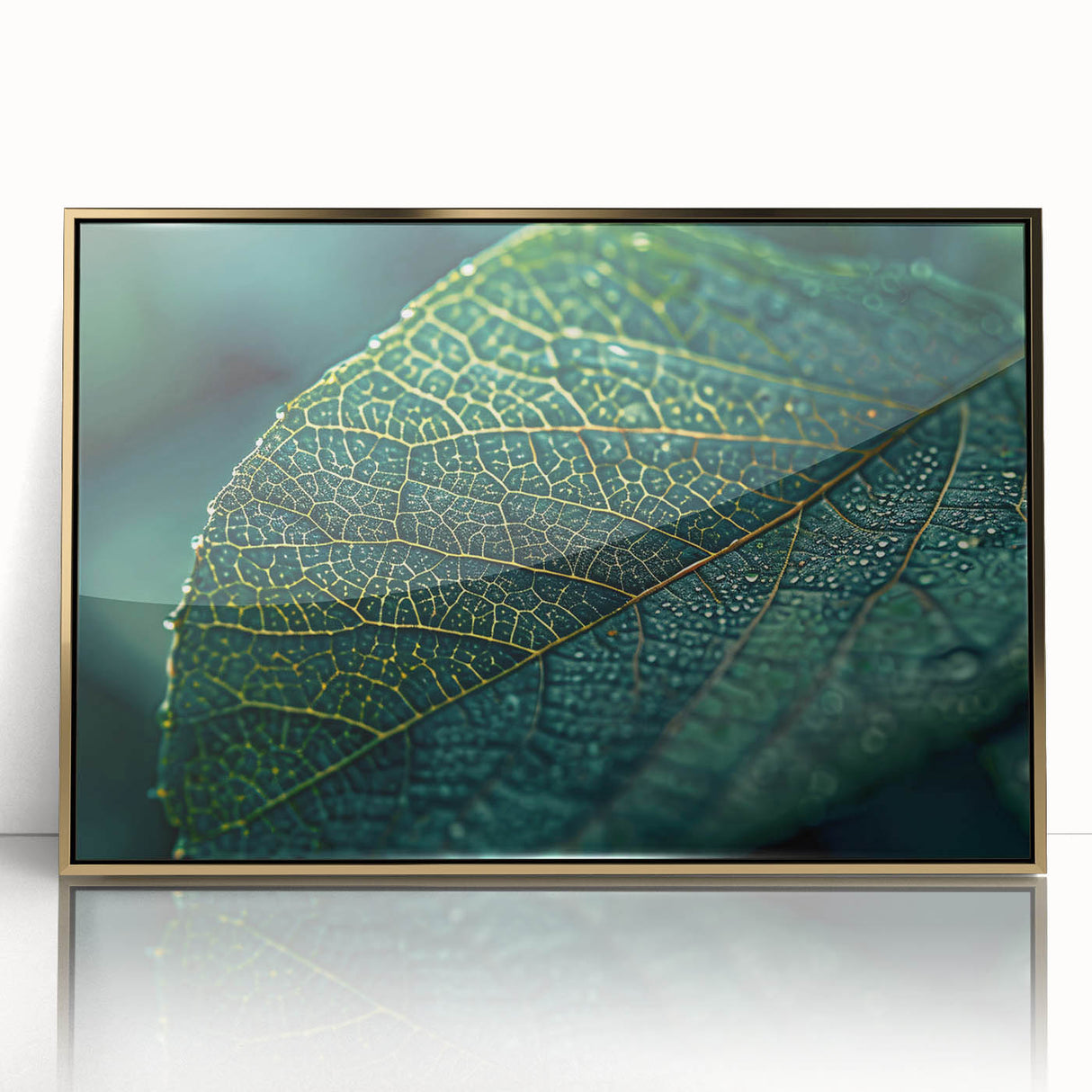 Close-up of leaves in vibrant green hues, framed acrylic print in mid-century modernist style.