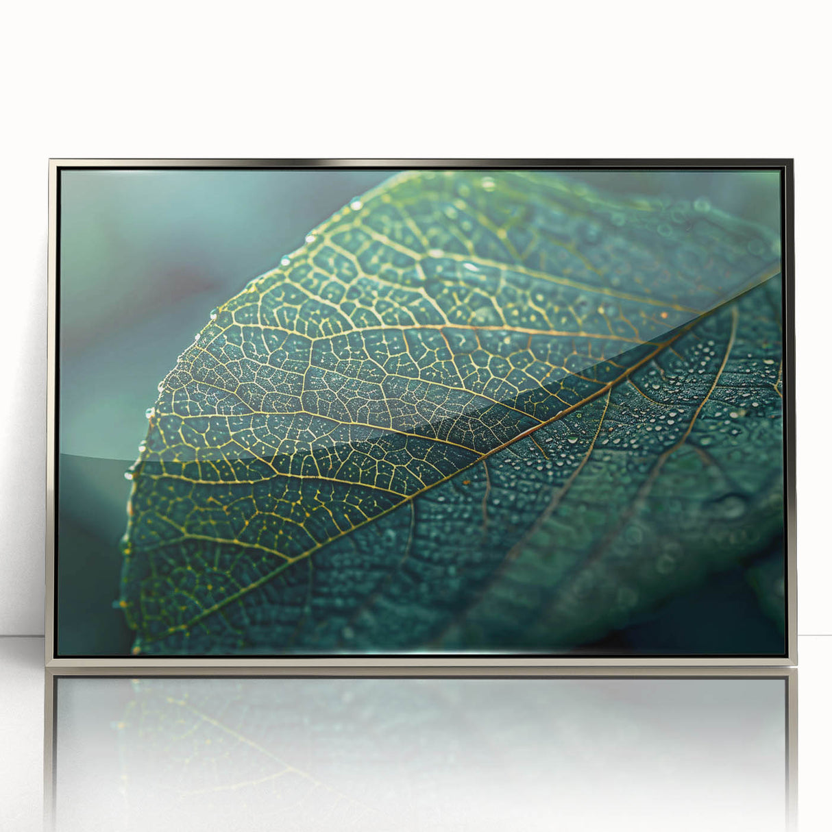 Mid-century modernist art depicting close-up leaves in earth tones, silver-framed acrylic, suitable for nursery wall art.