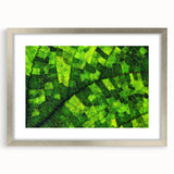 Textured art of abstract leaf patterns in muted green and brown on a framed silver mat, ideal for bedroom art.