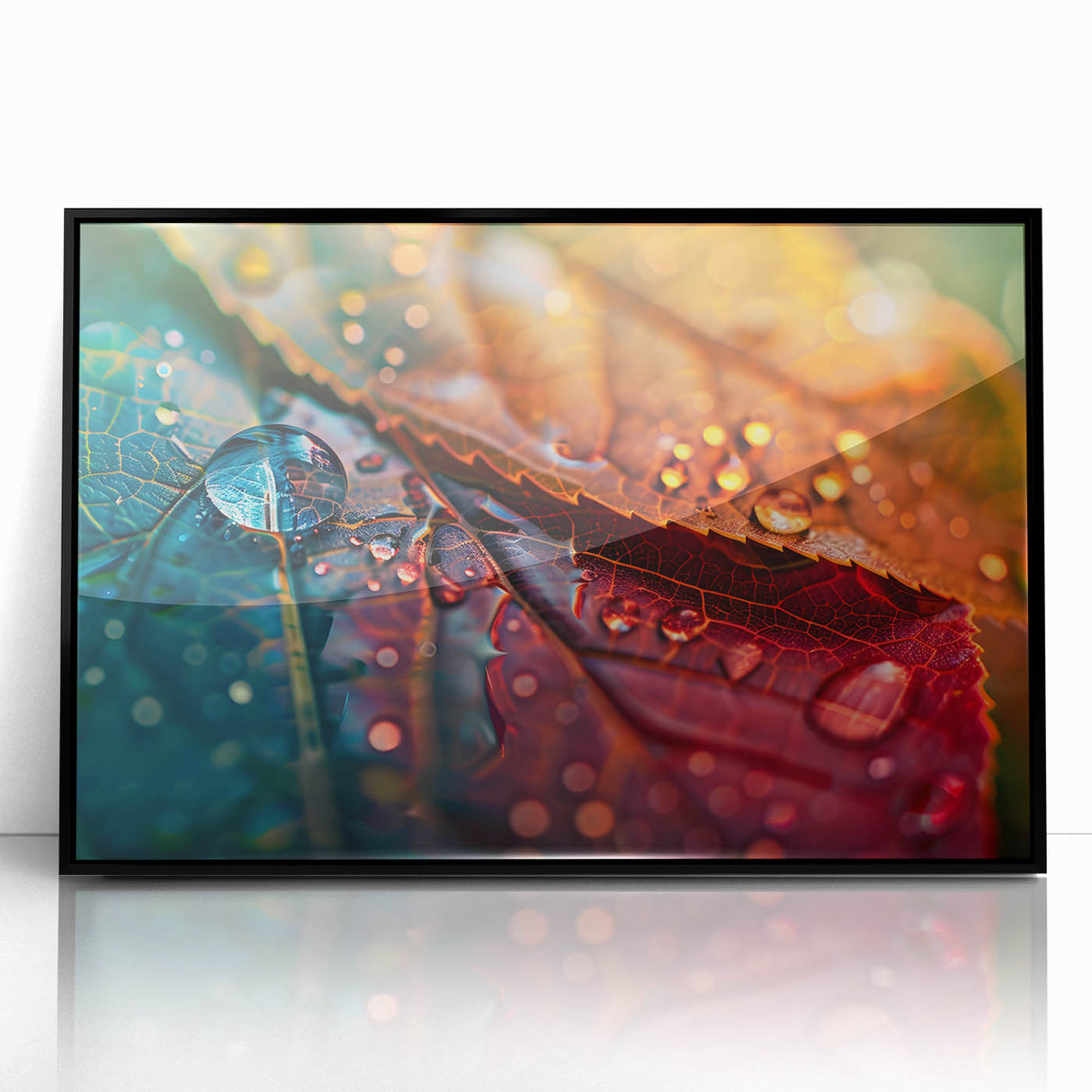 Large abstract wall art featuring close-up leaves design in green and brown, framed in black acrylic.