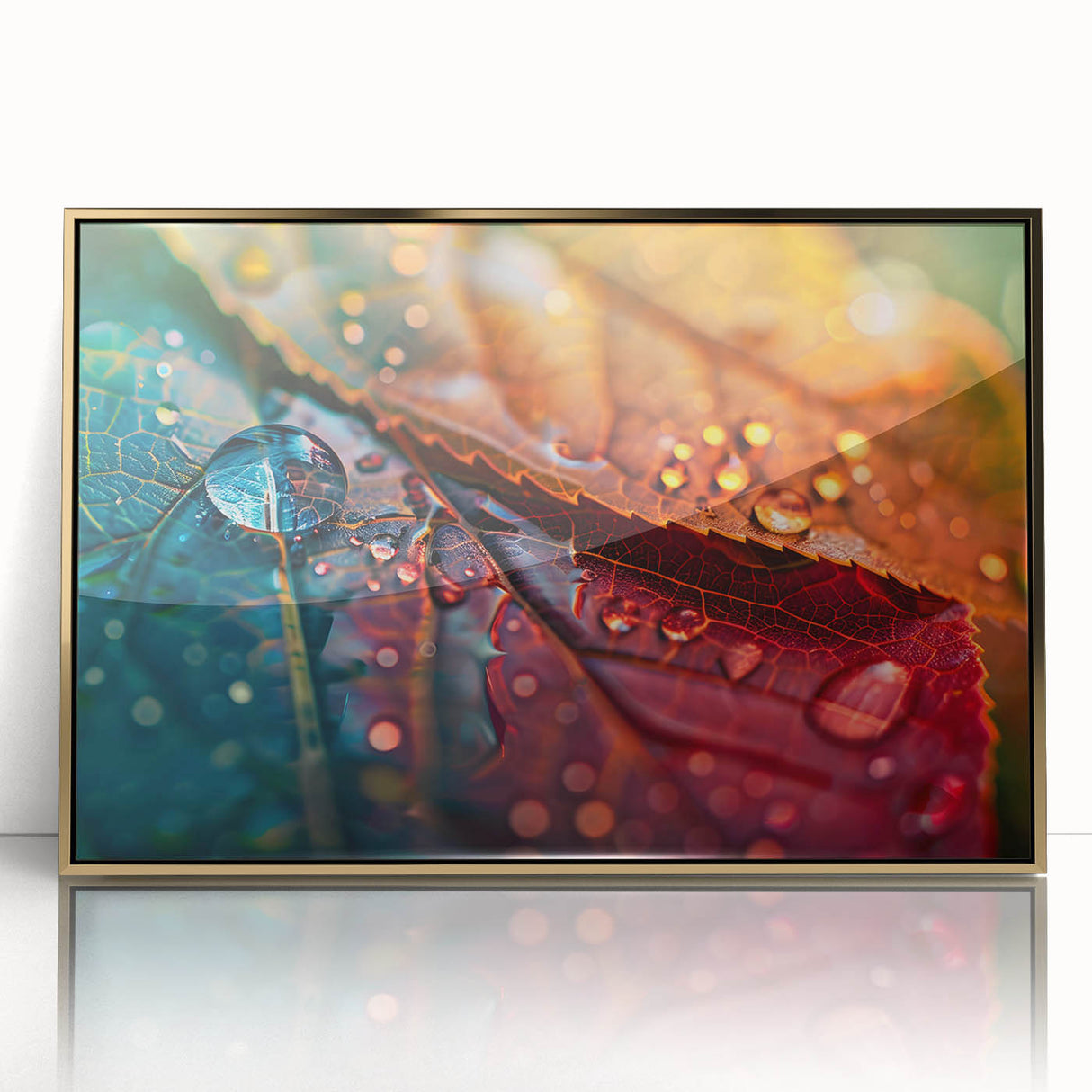 Acrylic print of close-up leaves in gold frame, featuring mid-century modernist style, ideal for nursery wall decor.