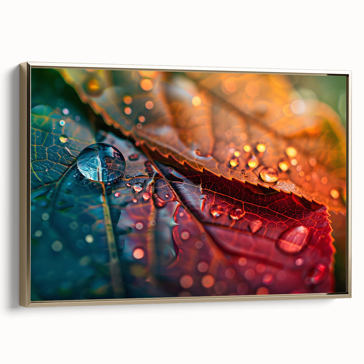 Close-up of green leaves with dew drops on a black background, framed canvas, ideal for bedroom wall art.