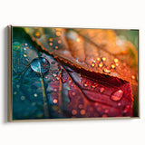 Close-up of green leaves with dew drops on a black background, framed canvas, ideal for bedroom wall art.