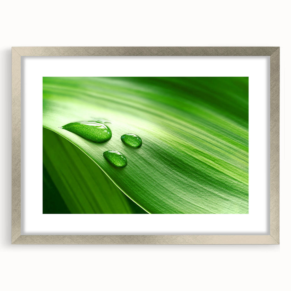Textured art print of abstract leaves in muted green and brown tones, framed in silver, ideal for bedroom decor.