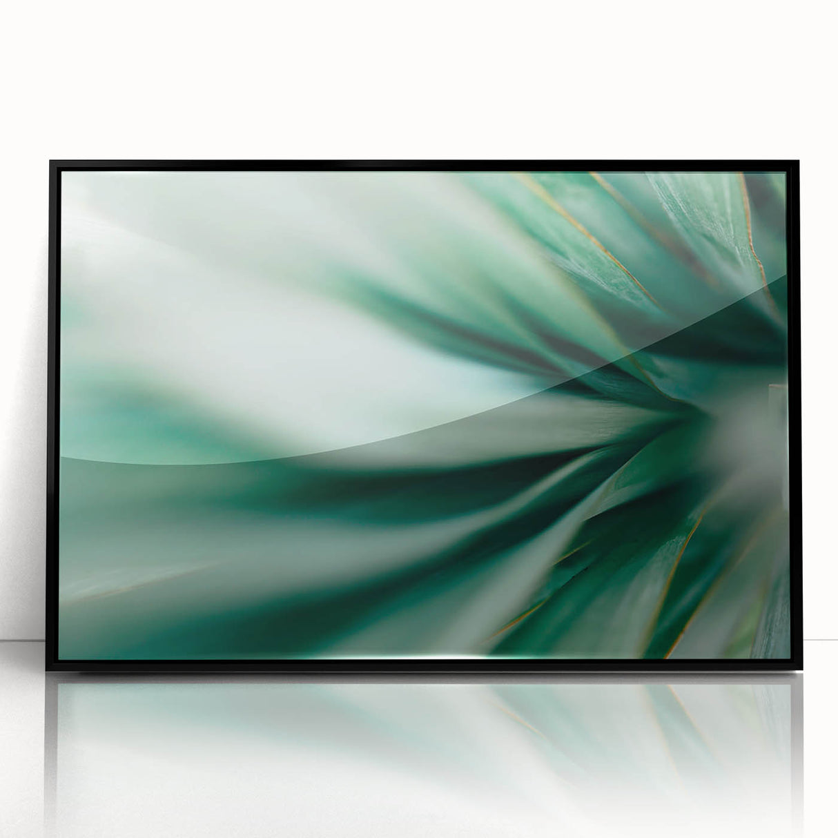 Large abstract wall art featuring close-up leaves in green tones on framed acrylic, ideal for modern art wall decor.