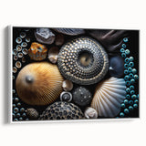 Vintage poster art of colorful natural elements on a large framed canvas, suitable for living room decor.