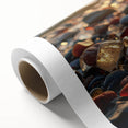 Art deco poster featuring a close-up of natural elements in muted green and brown tones on rolled canvas.