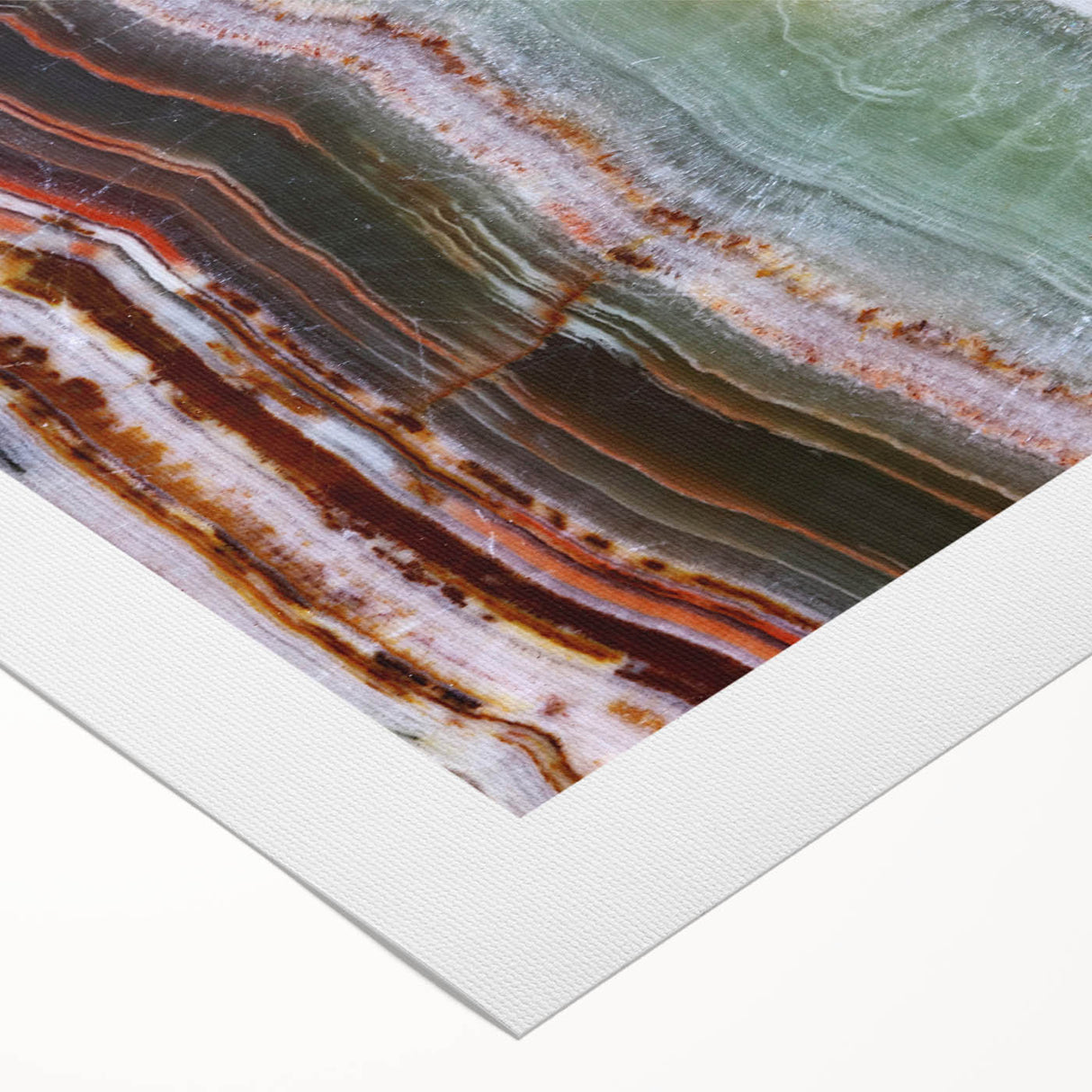 Art deco poster featuring a close-up of natural elements in muted green and brown tones on rolled canvas.