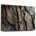 Close-up of tree bark on acrylic glass, featuring detailed textures in earthy tones.