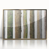 Mid-century modernist style large art print of close-up tree designs, framed in gold acrylic, ideal for nursery wall decor.