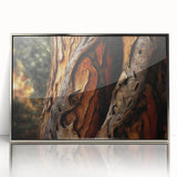 Mid-century modernist art featuring close-up of trees in muted earth tones on a framed acrylic.