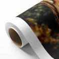 Art deco poster of stylized trees on rolled canvas with muted green and brown tones, ideal for nursery wall art.