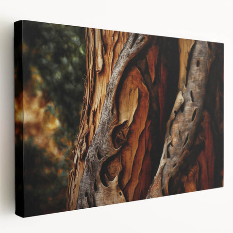 Close-up of tree bark on a large stretched canvas, featuring detailed textures in earth tones, suitable for kitchen wall art.