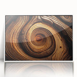 Art deco poster featuring close-up of trees in muted green and brown, framed in white acrylic.