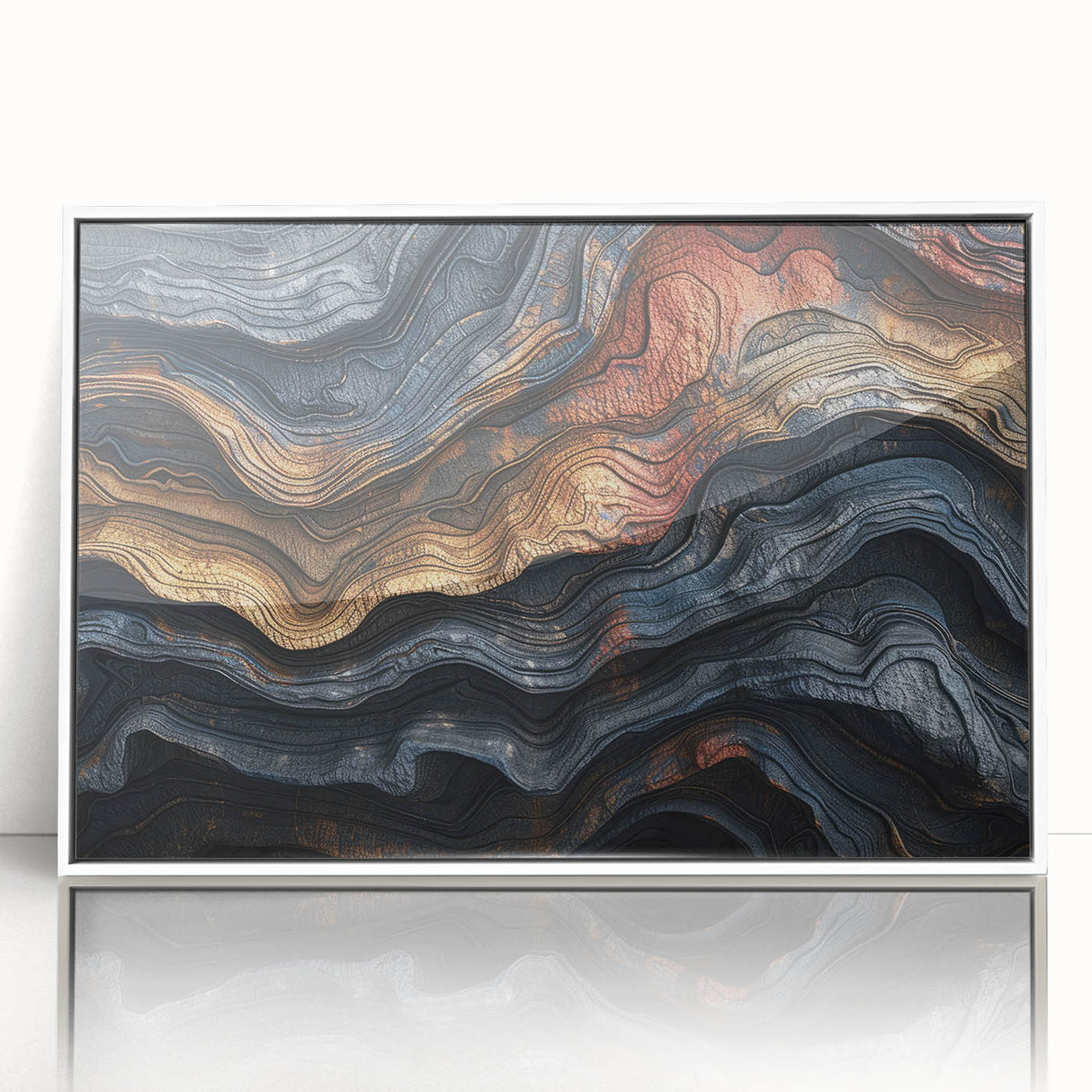 Framed acrylic print of a close-up tree design in a modern art style, using muted green and brown tones.