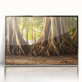 Mid-century modernist art of trees in muted green and brown tones on a framed acrylic, ideal for nursery wall decor.