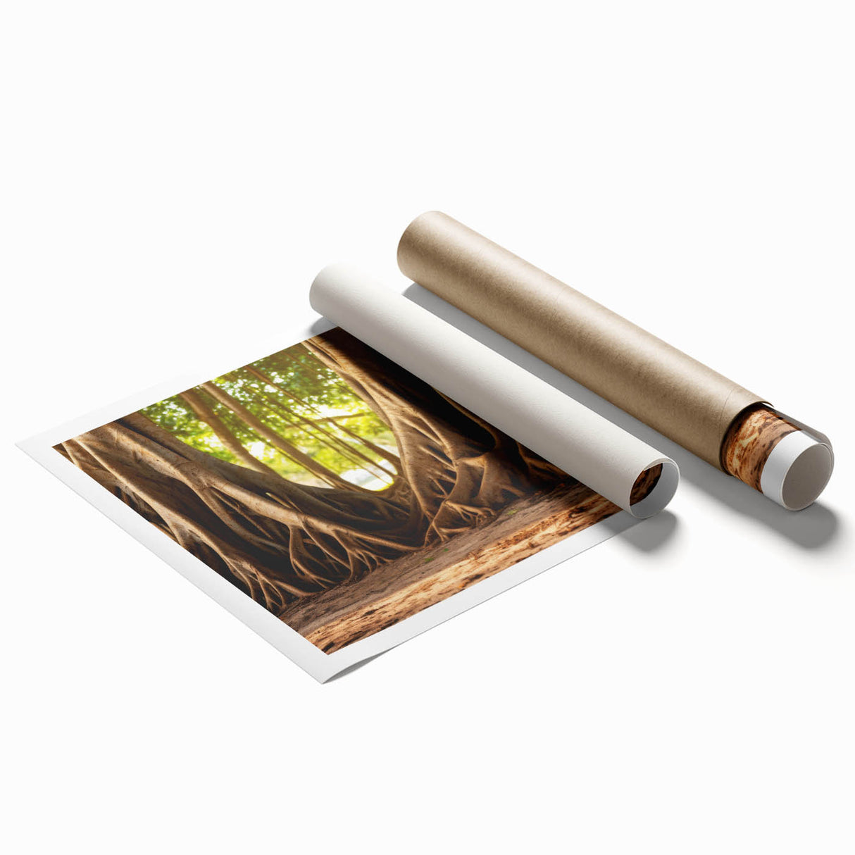 Close-up of tree bark in muted earth tones on a large rolled canvas, suitable for bathroom or living room decor.