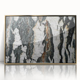 Mid-century modernist large art print on framed acrylic, featuring close-up of trees in muted green and gold tones.