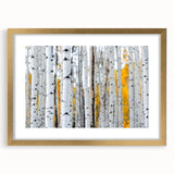 Extra large abstract art print of close-up trees, textured in gold frame, suitable for living room decor.