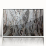 Art deco poster of close-up trees in muted green and brown tones, framed acrylic, ideal for modern nursery wall art.