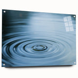 Close-up of water droplets on glass in muted blues and grays, large acrylic print, suitable for bedroom or dining room decor.
