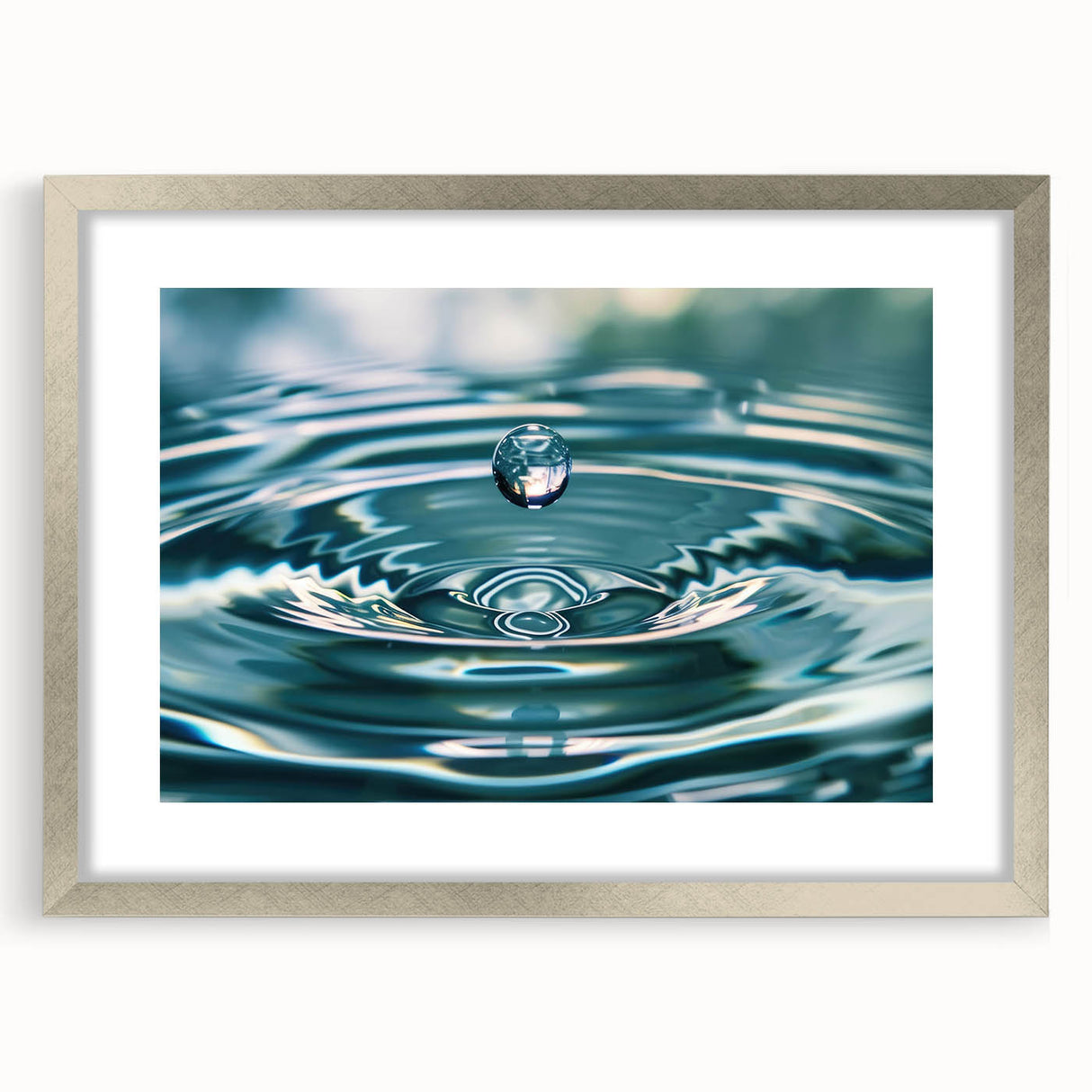 Textured art of abstract water ripples in blue and gray tones on a framed silver mat, ideal for bedroom art.