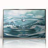 Mid-century modernist art depicting a close-up water design in silver and blue tones on a framed acrylic.