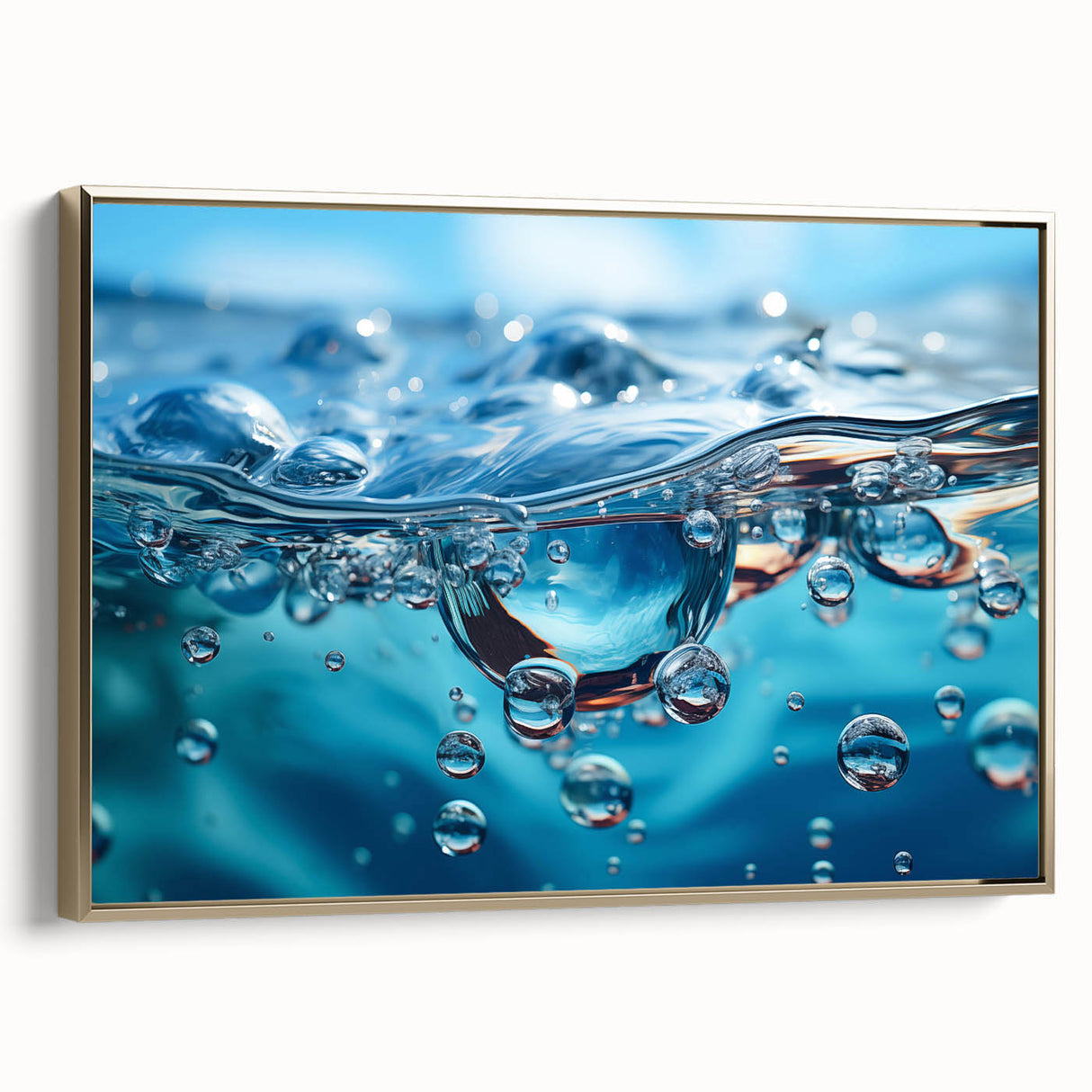 Framed canvas depicting a close-up landscape with water elements in muted gold and black, ideal for bedroom wall decor.