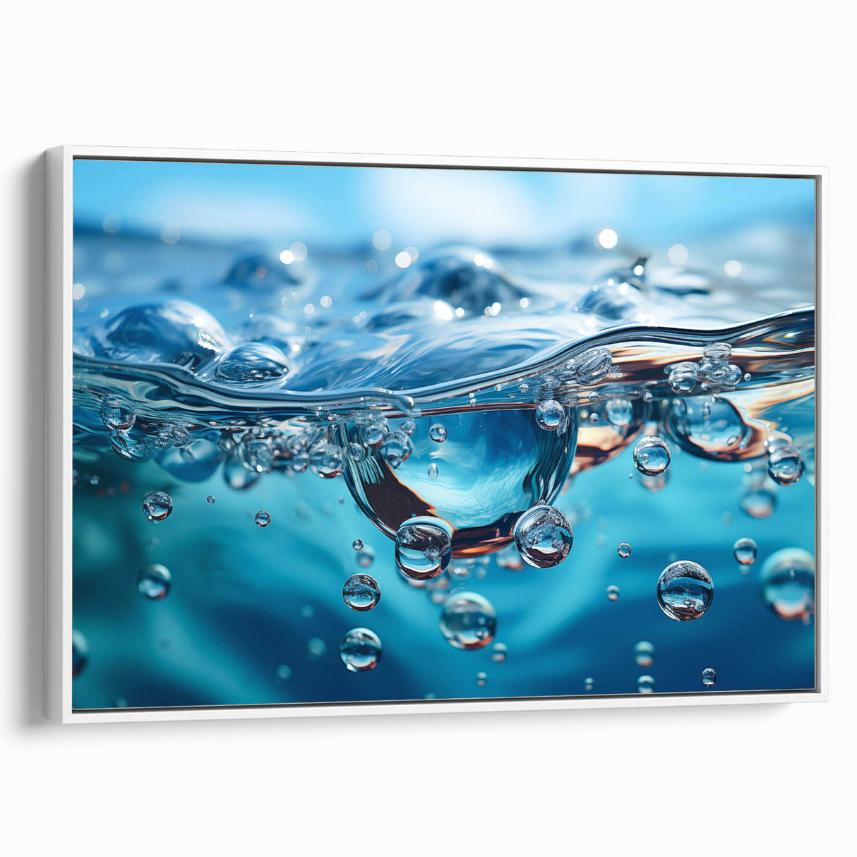 Vintage poster art of a close-up water design in vibrant colors on a framed canvas, suitable for living room decor.