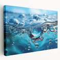 Close-up image of water droplets on a vibrant blue surface, printed on stretched canvas, suitable for kitchen wall art.