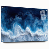 Close-up of water-themed acrylic glass art in cool blue and white tones, suitable for bedroom or dining room decor.