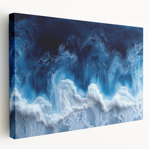 Close-up image of water droplets on leaf, in soft green and blue tones on stretched canvas, suitable for kitchen wall art.