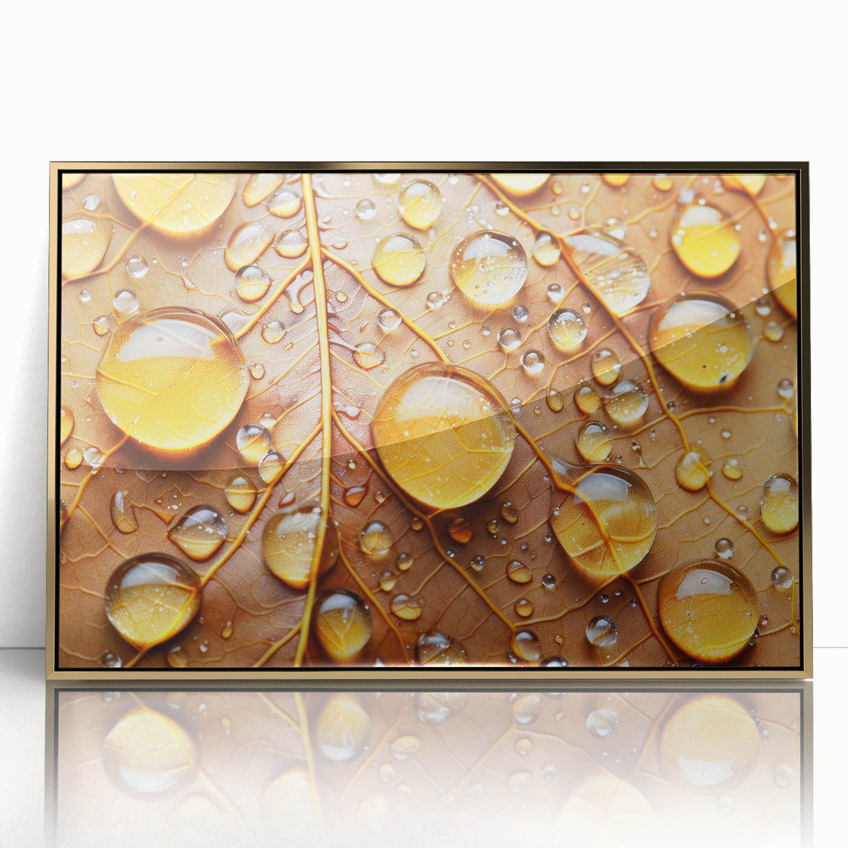 Large art print of a close-up water design in muted blue and green tones, framed in gold acrylic.